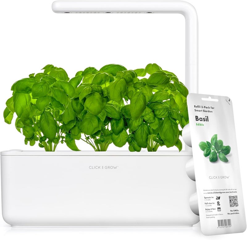 CLICK AND GROW طقم حديقة الأعشاب الداخلية Click & Grow مع ضوء النمو | حديقة ذكية لمطبخ المنزل على حافة النافذة | أسهل من نظام الزراعة المائية | مجموعة بدء زراعة الخضروات (تتضمن 3 كبسولات ريحان)، أبيض - Image 1